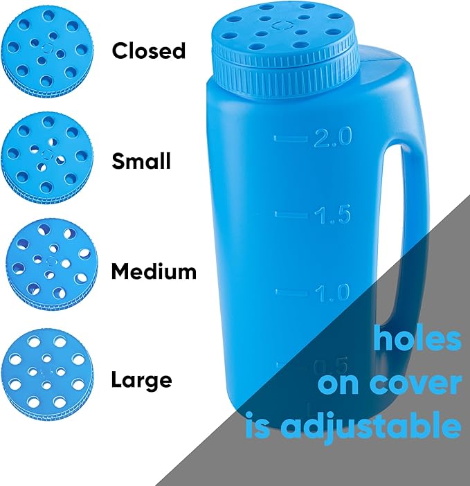 Superio Ice Melt Salt Spreader Handheld Shaker for Lawn Seed, Salt, Ice Melt, Calcium, Deicer Shaker 2 Liter, Adjustable Hole Size, Handy for Fertilizer Lawn Seed Salt to Deice (Blue 2-Pack)
