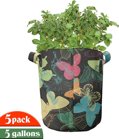 Ambesonne Manatee Grow Bags 5-Pack, Ocean Floor Themed Design, Heavyduty Fabric Pots with Handles for Plants, Grey Blue