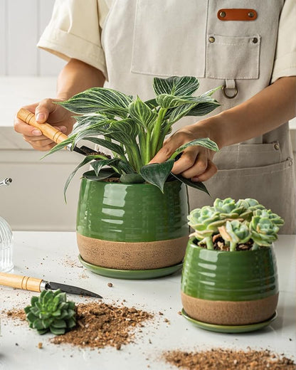 3 Piece Ceramic Small Planter for Indoor Plants - Succulent Plant Pots with Drainage Holes and Saucers - 3.4/4.7/6.1 inch Modern Decorative Small Flower Pots for Bamboo, Succulents and Herbs, Green