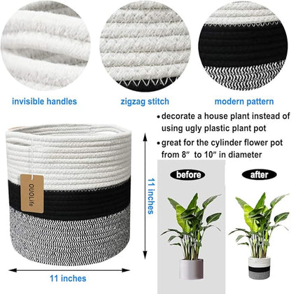 Indoor Planter Cover Woven Cotton Rope Flower Pot 11-inch Storage Organizer Basket Decorative Modern Home Accents
