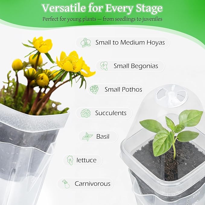 12 Pack 2.5" Self Watering Propagation Pots with Humidity Dome, Clear Plastic Seed Starter Cups, for Seedlings, Cuttings, Succulents, Herbs, Vegetables, 12 Plant Labels Included