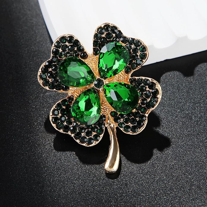St.Patrick's Day Brooches for Women Dainty Crystal Four Leaf Lapel Pin Shamrock Hat Brooch Pins Irish Enamel Brooches Irish Holiday Costume Accessory Jewelry