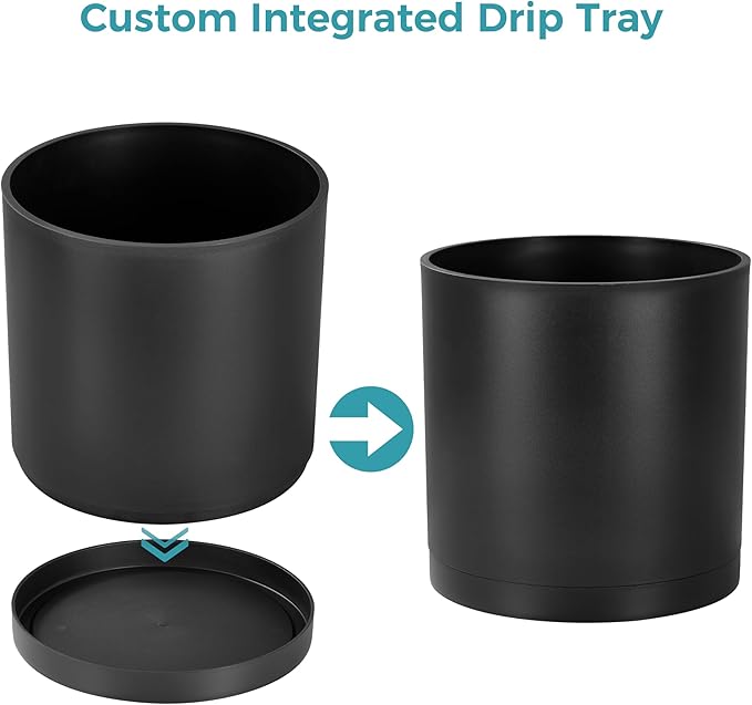 FaithLand 10-Inch Modern Cylinder Planter, Thick-Walled Plastic Plant Pot with Drainage Holes and Detachable Saucer, Matte Black, Ideal for Indoor & Outdoor Plants Flowers