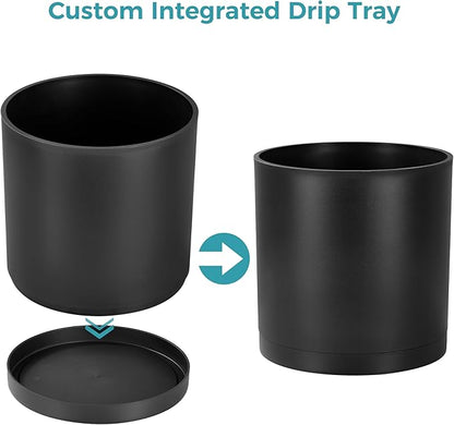 FaithLand 10-Inch Modern Cylinder Planter, Thick-Walled Plastic Plant Pot with Drainage Holes and Detachable Saucer, Matte Black, Ideal for Indoor & Outdoor Plants Flowers