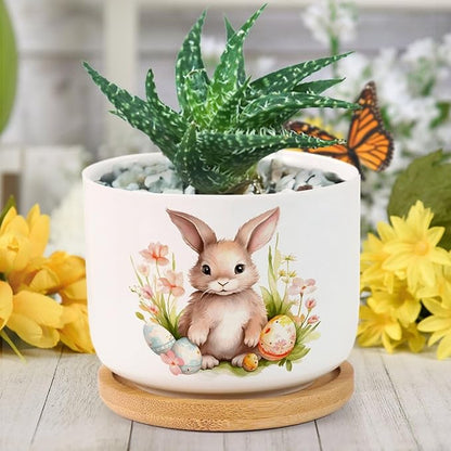 DreamAutumn Planters Ceramic Cute Easter Bunny Rabbit Ceramic Pots with Drainage Holes Round Flowerpot Bamboo Tray Plant Pots for Succuelnt and Little Snake Plants Pots for Nana Mommy Grandma