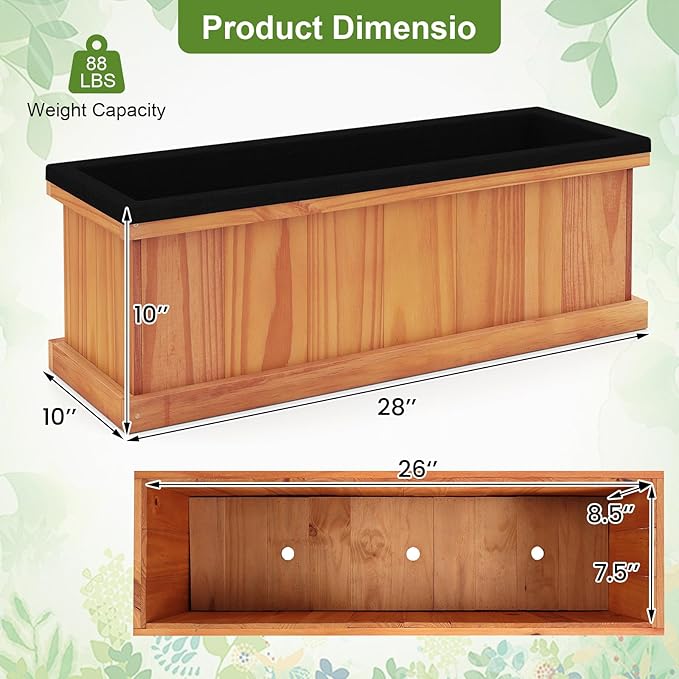Giantex Outdoor Raised Garden Bed Set of 2, 28” x 10” x 10” Pine Wood Planter Box w/ 3 Drainage Holes, Removable Bottom & Bed Liner, Rectangular Flower Container for Vegetables Herbs, Indoor & Outdoor