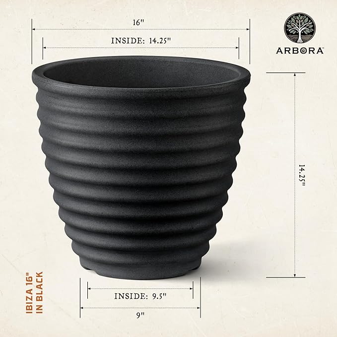 ARBORA 16" Ibiza Polyresin Indoor and Outdoor Planter with Classic Black Finish - Durable, Weatherproof, Lightweight, Large Plant Pot for Patio, Garden, Deck, Entryway
