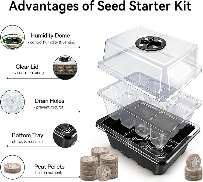 Halatool 8 Pack Seed Starter Tray with 100 PCS Peat Pellets, 96 Cells Black Plant Germination Trays for Organic Seed Starter Soil Pods for Planting Vegetables Plants Flowers Herbs - Starting Seeds Kit