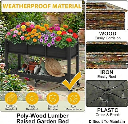 DWVO 47x18x3in Raised Garden Bed Outdoor HDPE with Legs and Lockable Wheels, Weather-Resistant Poly-Wood Elevated Planter Box, Double Tier Planters for Backyard Patio Balcony, Black