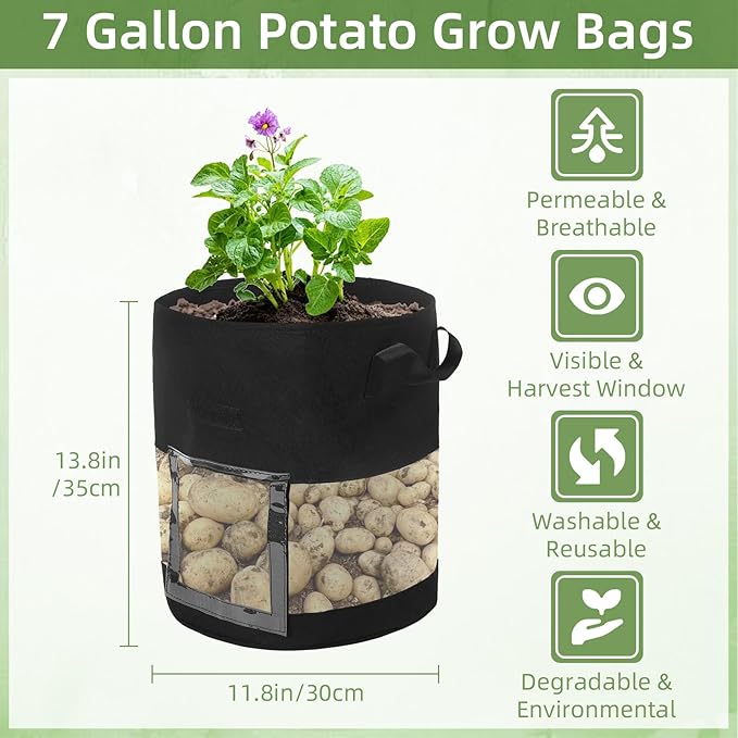 6 Pack 7 Gallon Visible Potato Grow Bags, Thickened Nonwoven Fabric Pots Potato Growing Containers with Handles & Visible Flap, Plant Grow Bags for Growing Potatoes, Tomatoes, Flowers, and Vegetables