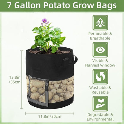 6 Pack 7 Gallon Visible Potato Grow Bags, Thickened Nonwoven Fabric Pots Potato Growing Containers with Handles & Visible Flap, Plant Grow Bags for Growing Potatoes, Tomatoes, Flowers, and Vegetables