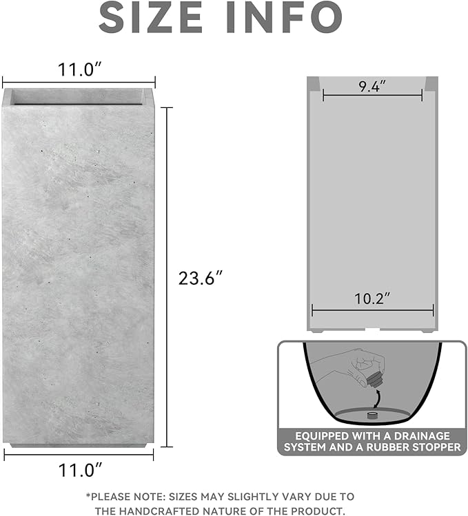 Kante 23.6" H Tall Rectangular Concrete Planter, Modern Square Diameter Plant Pot with Drainage Hole and Rubber Plug for Indoor Outdoor Home Patio Garden, Natural Concrete