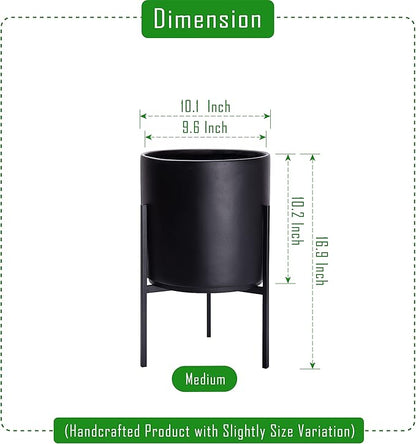 D'vine Dev Modern Black Plants Pot Cylinder Planter with Heavy Duty Stand, Medium 10 Inch Pot, 16.3 Inch with Stand Height, 96-T-B-2