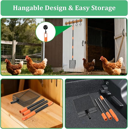2-in-1 Chicken Poop Scooper & Rake, Heavy-Duty Chicken Coop Scoop with 33-61" Adjustable Handle and 14" Long Shovel Head, Metal Litter Scoop Sand Poop Shovel, Chicken Coop Cleaning Accessories