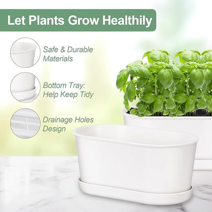 Set of 4 White Oval Window Sill Planters with Drainage Holes and Trays（7 Inch） for Herbs Basil Orchids Succulents, Modern Herb Garden Planter for Indoor/Outdoor Plants