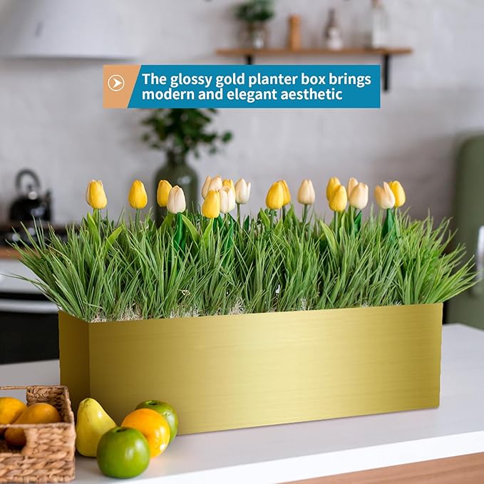 17" Large Stainless Steel Planter Box with Drain Holes and Water Reservoir, Rectangle Succulent Trough Planter Pot for Indoor Outdoor Windowsill, Table Decor (Brushed Gold)