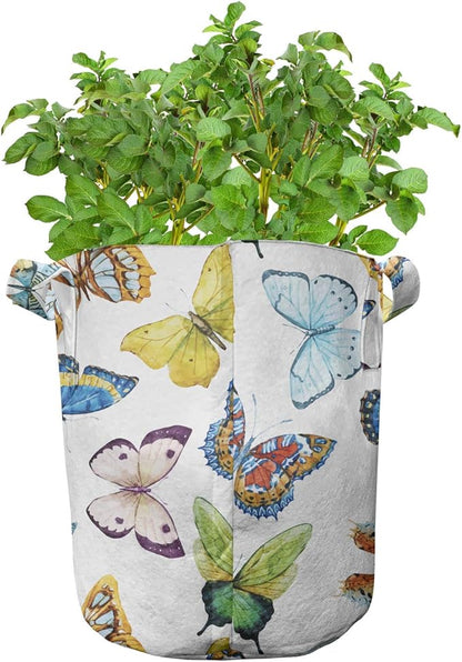 Ambesonne Butterfly Grow Bags 5-Pack, Watercolor Ethnic, Heavyduty Fabric Pots with Handles for Plants, Blue Yellow