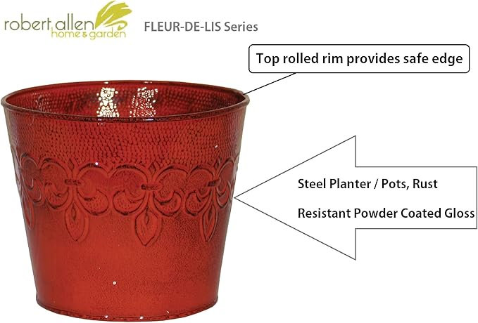 Robert Allen MPT01889 Fluer De Lis Series Metal Planter Flower Pot, 6", Color Cayenne Red (Pack of 2)