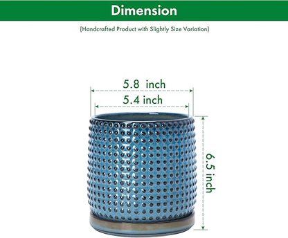 D'vine Dev 6 Inch Ceramic Beaded Stoneware Planter Pot - Flower Pot with Drainage Holes and Saucers for Indoor Succulent Plants or Flowers, Ocean Teal, 27-C-X-8