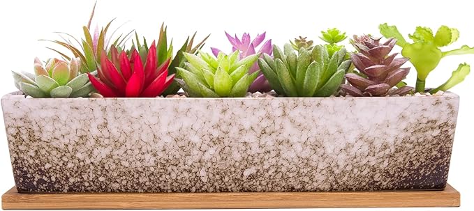 ARTKETTY Succulent Pots - 12.1 Inch Large Succulent Planters with Drainage Tray, Long Rectangle Ceramic Pot for Indoor Cactus/Succulent Plants Shallow Bonsai Window Box for Home Garden Decor (White)