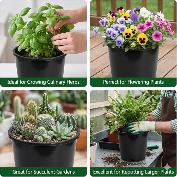 Green Oasis 5 Gallon Nursery Pots (6-Pack) - Premium Injection Molded Black Plastic Plant Pots, Heavy Duty Commercial Grade with Drainage Holes - Perfect for Vegetables, Trees & Transplanting