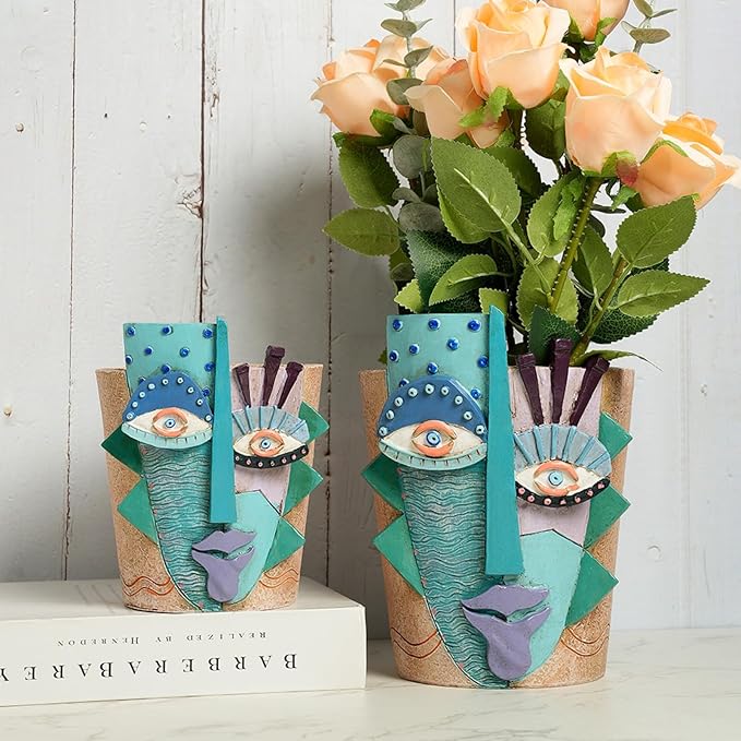 Picasso Flower Pot/Vase, Unique Planters, Abstract Face Flower Pots, with Drainage Holes, Handcrafted Resin Vases for Artistic Home Décor (Small)