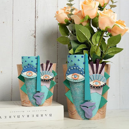 Picasso Flower Pot/Vase, Unique Planters, Abstract Face Flower Pots, with Drainage Holes, Handcrafted Resin Vases for Artistic Home Décor (Small)