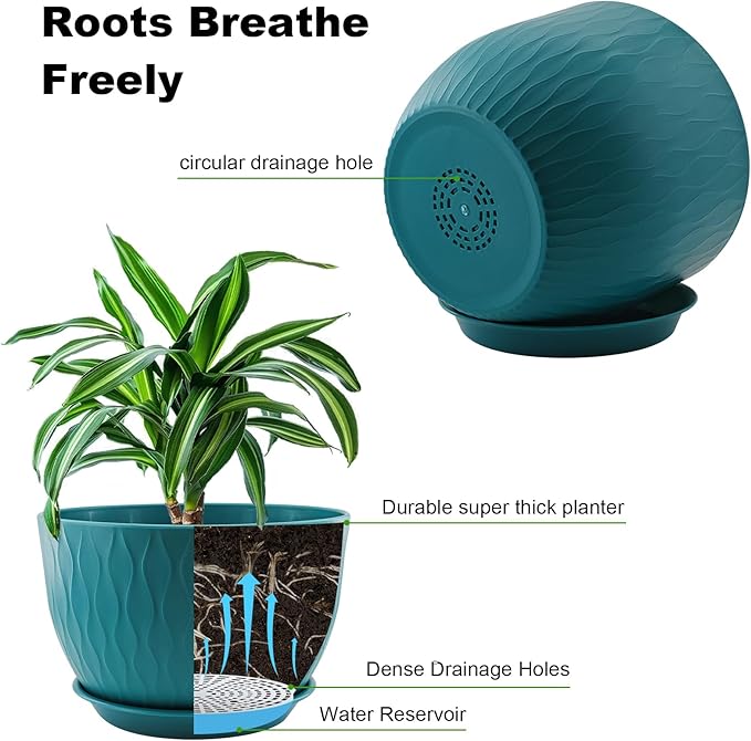 12/10/9 inch Plant Pots, 3 Pack Flower Pots for Outdoor Indoor Garden Plants, Large Planters with Multi Mesh Drainage Holes and Saucer (Black-Green, 12"+10"+9")