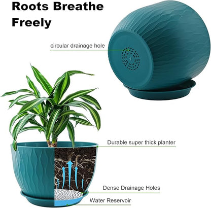 12/10/9 inch Plant Pots, 3 Pack Flower Pots for Outdoor Indoor Garden Plants, Large Planters with Multi Mesh Drainage Holes and Saucer (Black-Green, 12"+10"+9")