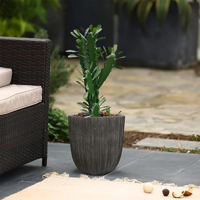 Vintage Black Cement-Look Ribbed Planter, 12.4"H Tall Tapered Egg-Shaped Plastic Plant Pot with Drainage Hole & Plug, Large Modern Indoor Outdoor Flower Pot for Home, Garden, Patio and Houseplants