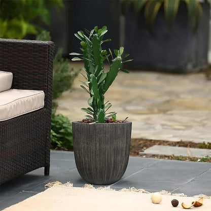Vintage Black Cement-Look Ribbed Planter, 12.4"H Tall Tapered Egg-Shaped Plastic Plant Pot with Drainage Hole & Plug, Large Modern Indoor Outdoor Flower Pot for Home, Garden, Patio and Houseplants