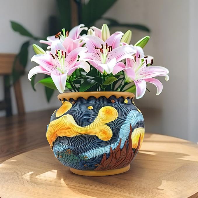 Starry Night Planter Pots/Vase Van Gogh Inspired Acolorful Art Resin Flower Pot with Drainage Hole for Indoor Plant Home Balcony Decor