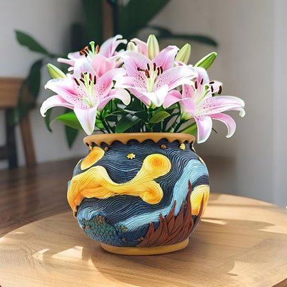 Starry Night Planter Pots/Vase Van Gogh Inspired Acolorful Art Resin Flower Pot with Drainage Hole for Indoor Plant Home Balcony Decor