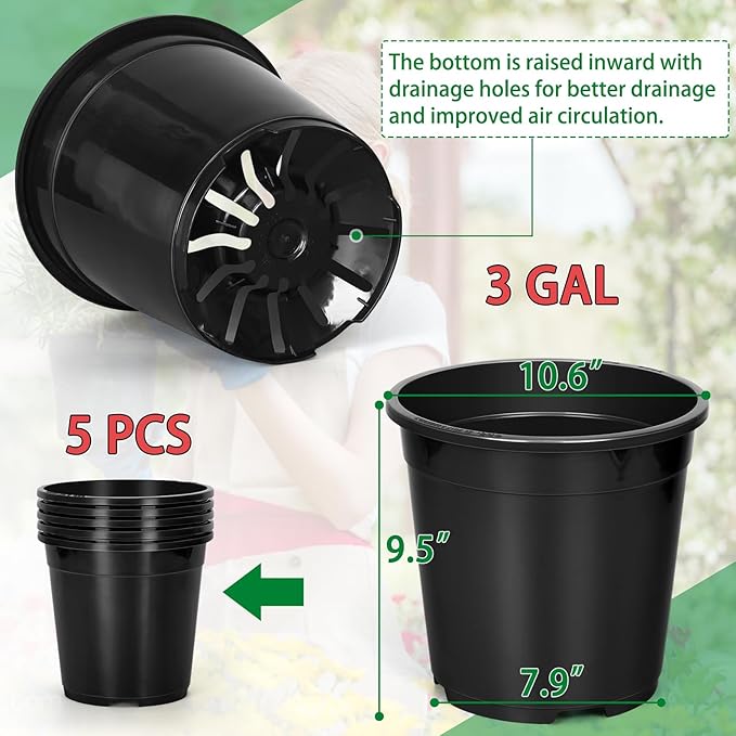 2/3/5/10 Gallon Pots for Plants, Sturdy Plastic Planter Pots with Drainage Holes, Large Plastic Planter, 3 Gallon Nursery Pot for Seedlings, Succulents, Cuttings