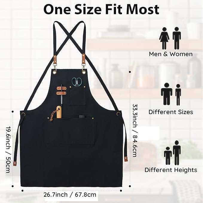 Canvas Aprons, Kitchen Chef Aprons, Work Aprons for Men Women, Adjustable Strap Aprons with 3 Pockets