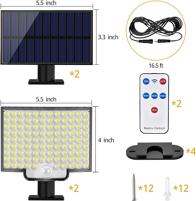 Solar Lights Outdoor, 106 LED 3000LM Solar Powered Motion Sensor Flood Lights with Remote, Dusk to Dawn Led Solar Security Wall Lights with 16.5Ft Cable IP65 Waterproof for Outside, Garage, 2 Pack