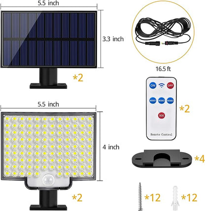 Solar Lights Outdoor, 106 LED 3000LM Solar Powered Motion Sensor Flood Lights with Remote, Dusk to Dawn Led Solar Security Wall Lights with 16.5Ft Cable IP65 Waterproof for Outside, Garage, 2 Pack