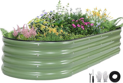 Galvanized Raised Garden Bed - 6×2×1ft Planter Raised Beds for Gardening | Oval Metal Garden Planter Box with Safety Edging and Gloves for Vegetables Fruits and Flower OliveGreen