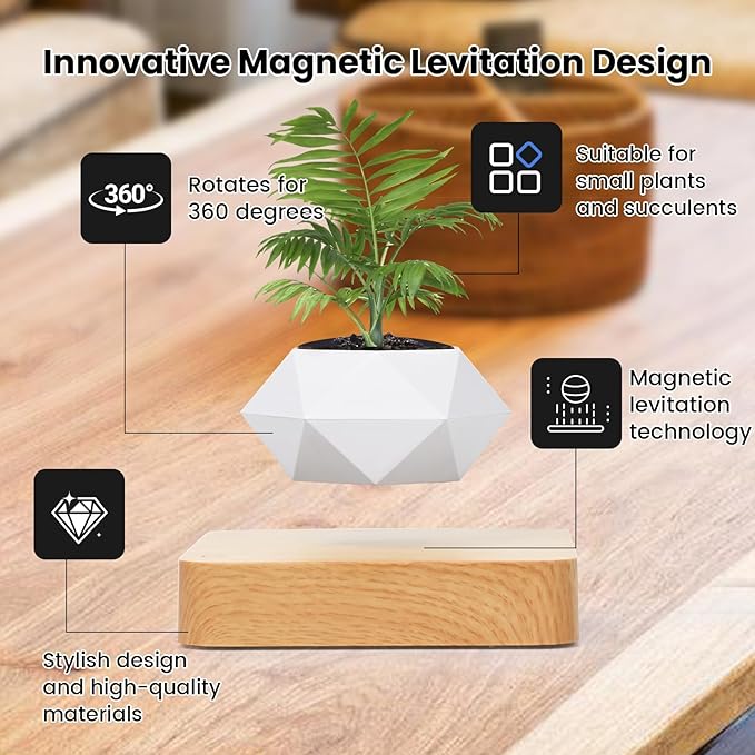 Levitating Plant Pot, Magnetic Levitation Flower Pot Suspension Floating Plant Succulents, Air Bonsai Potted Plant for Home Decoration, Living Room, Office, Desk (White)