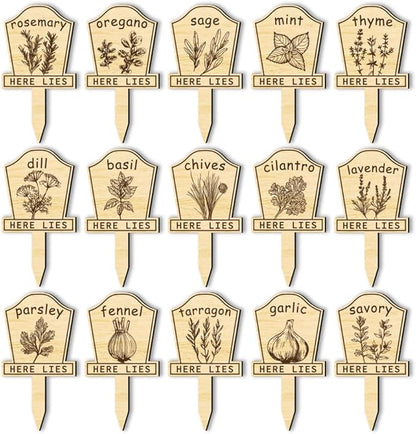 arricraft 15 Pcs Herb Plant Labels, Wooden Markers Tombstone Graveyard Shape Tags Garden Labels Wood Garden Stakes for Indoor and Outdoor Potted Seed Herbs and Herb Unique Funny Gifts