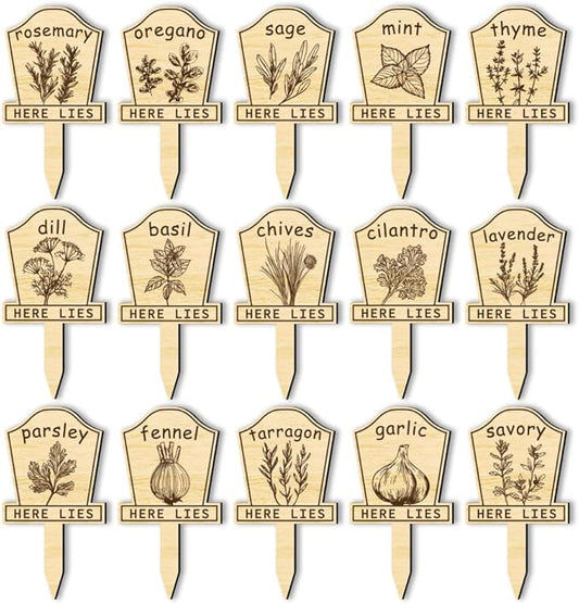 arricraft 15 Pcs Herb Plant Labels, Wooden Markers Tombstone Graveyard Shape Tags Garden Labels Wood Garden Stakes for Indoor and Outdoor Potted Seed Herbs and Herb Unique Funny Gifts