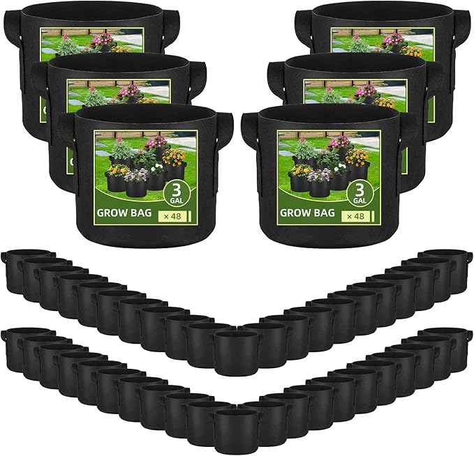 48 Pack 3 Gallon Vegetable/Flower/Plant Grow Bags, Heavy Duty Thickened Nonwoven Plant Fabric Pots Aeration Fabric Planters with Handles