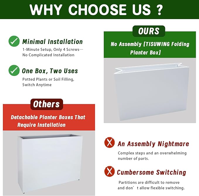 Metal Planter Box, No Installation Galvanized Steel Folding Rectangular Planter with Drainage Holes, 35.5"x 10"x 28" White Outdoor Planter for Porch/Patio/Garden