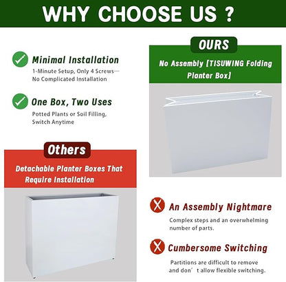 Metal Planter Box, No Installation Galvanized Steel Folding Rectangular Planter with Drainage Holes, 35.5"x 10"x 28" White Outdoor Planter for Porch/Patio/Garden