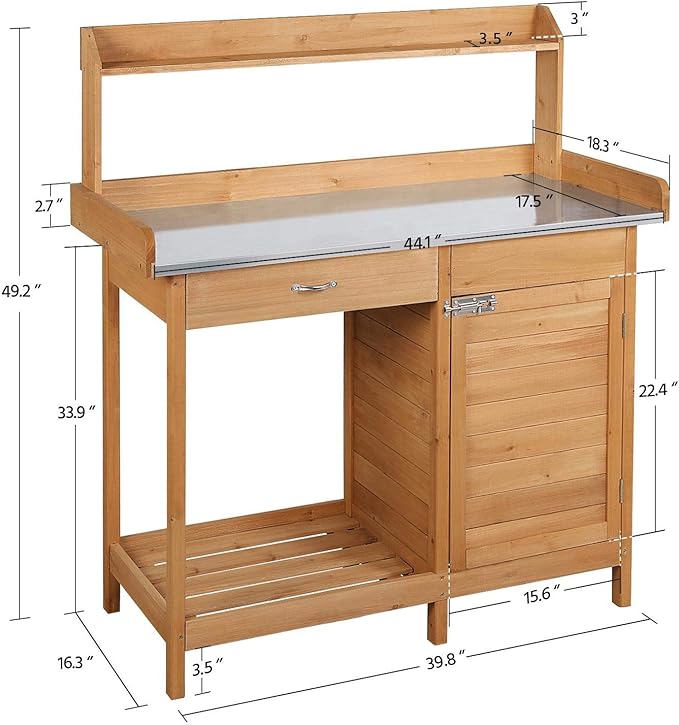 Topeakmart Outdoor Potting Bench Table Work Station Garden Planting with Cabinet & Drawer & Top Shelf & Lower Shelf Natural Wood