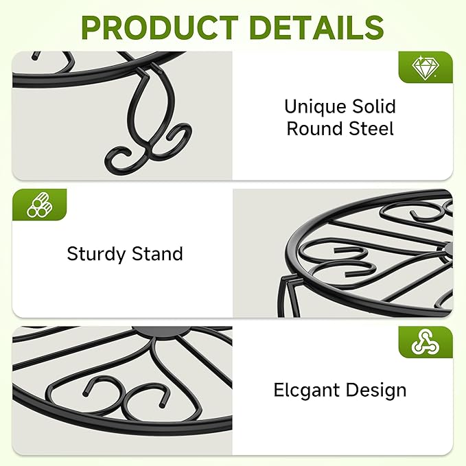 3-Pack Wrought Iron Plant Stands for Outdoor & Indoor Use, Heavy Duty Rustproof Metal Pot Stand Holder, Single Short Round Black Base for Patio Garden Porch Plants Flower Pots Planter Riser 10Inch