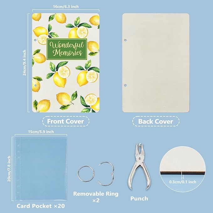 SUPERDANT Wonderful Memories Greeting Card Organizer Planning Book Binder Card Keeper Birthday Cards Holder Lemon Wooden Keeper Binder Photo Album 2-Rings Cover with Punch and 20pcs Inner Pockets