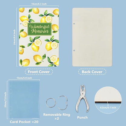 SUPERDANT Wonderful Memories Greeting Card Organizer Planning Book Binder Card Keeper Birthday Cards Holder Lemon Wooden Keeper Binder Photo Album 2-Rings Cover with Punch and 20pcs Inner Pockets