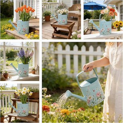 Vintage Floral Metal Watering Can for Indoor/Outdoor Plants, Blue Functional Garden Waterer with Long Spout, Garden Water Pot Rustic Decor for Home Garden Patio