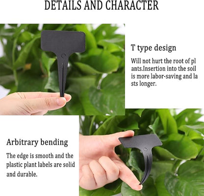 Whaline 100 Pcs Plastic Plant Labels Black T-Type Garden Stake Tags Waterproof Plant Markers Reusable Plant Signs for Outdoor Indoor Nursery Potted Plants Seed with A White Marker Pen (6 x 10 cm)